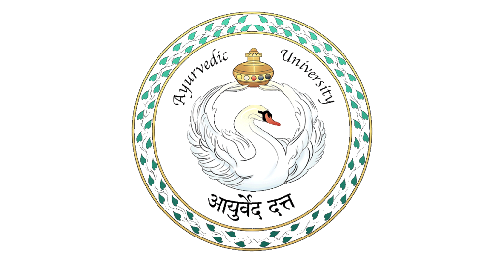 Un logo pour L’Université Āyurveda Datta avec un cygne blanc qui tiends le pot de nectar